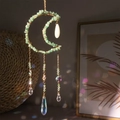 Golden moon suncatcher with light green natural stones and crystal prism pendant - Luminous Green Aventurine Suncatcher