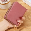 Porte-cartes accordéon en cuir grainé rose foncé avec double fermeture éclair dorée - Rose Foncé