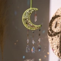 Green moon-shaped tree of life dreamcatcher with natural stones and crystal pendants - Green Vine Moon Tree
