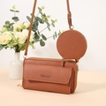 Crossbody phone wallet bag in caramel brown leather with circular coin purse - Brown