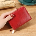 Red RFID blocking leather card wallet with double gold zippers and accordion layers - Red