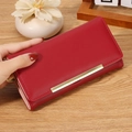 Elegant red faux leather long wallet with gold metal trim and multiple card slots - Red
