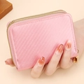 Pink double zipper card wallet with woven texture and RFID blocking for women - Pink