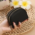 Black semi-circular double zipper card holder in litchi pattern faux leather - Black