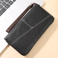 Black leather long zipper wallet with white contrast stitching and brown lanyard strap - Black