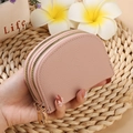 Pink semi-circle credit card wallet with double zippers and litchi texture - Pink