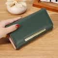 Forest green long PU leather wallet for women with gold metal bar and pink lining - Green