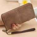 Brown vintage RFID blocking long leather wallet with wristlet and cutout details - Brown