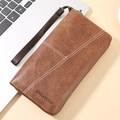 Retro brown long zipper wallet for men with vintage leather texture and hand strap - Brown