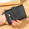 Women's black short leather wallet with litchi texture and gold zipper detail - Black