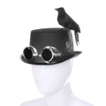 Gothic steampunk top hat with metallic goggles gears and a realistic black raven bird - One Size / Crow Hat (HCDS19001)
