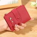 Red lychee pattern short wallet for women featuring a snap button and gold zipper detail - Red