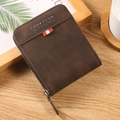Short coffee brown bifold zipper wallet for men with textured vintage faux leather finish - Coffee