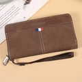 Lange Herrenbrieftasche aus dunkelbraunem mattem Leder mit gestreiftem Webband - Kaffeebraun