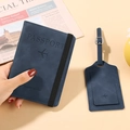 Navy blue PU leather passport holder and luggage tag set with elastic strap - Dark Blue