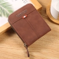 Brown vintage men's short bifold zipper wallet with textured finish and metal logo - Brown