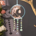 Pink quartz tree of life moon suncatcher with rainbow beads and blue cord hanging decor - Moon in Circle