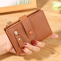 Brown litchi grain leather small wallet with multiple zippers and snap strap closure - Brown