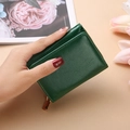 Compact dark green leather wallet for women with gold zipper and pebble grain texture - Green