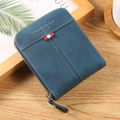 Blue matte leather bifold wallet for men featuring a red-white striped webbing detail - Blue