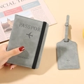 Grey PU leather passport holder and luggage tag set with elastic strap for travel - Gray
