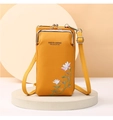 Detail van gembergele lederen crossbody telefoontas met elegant geborduurde bloemenpatronen - Geel