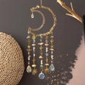 Boho moon suncatcher with yellow raw stones, hummingbird charm and crystal prism ball - Moon Island Suncatcher