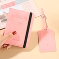 Pink PU leather passport holder and luggage tag set with travel strap and debossed text - Pink