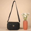 Black quilted crossbody bag with golden zippers and adjustable strap for women - Black