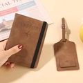 Brown PU leather travel set with passport cover and luggage tag with elastic strap - Brown