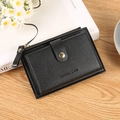 Compact black lychee pattern leather card holder with snap button and metal zipper - Black