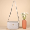 Light gray heart quilted crossbody bag with gold buckle and adjustable strap - Gray