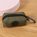 Army green canvas pet waste bag dispenser with black carabiner for outdoor walking - Green