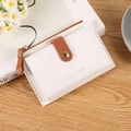 Minimalist cream and brown faux leather short wallet with card slots and zipper pocket - White