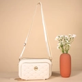 Quilted cream crossbody bag with heart pattern, gold hardware and adjustable strap - White