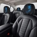 Detailed close-up of universal car headrest covers with glowing blue wolf print on black fabric - Blue Fluorescent Wolf Style (D5)