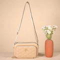 Beige quilted heart pattern leather crossbody bag with adjustable strap and gold hardware - Apricot