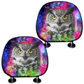 Pair of owl car headrest covers with colorful nebula watercolor art design for car interior - Realistic Owl Style (Style 2)