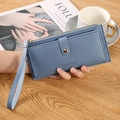 Blue long wallet for women with zipper pocket, snap closure and detachable wristlet - Blue