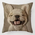Detailed embroidery of a smiling French Bulldog on a soft square decorative cushion cover - Frenchie Embroidery Style (款式-2) / 45*45 Super Soft