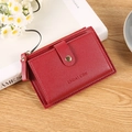 Minimalist red leather mini wallet with metal snap button and top zipper pouch - Red