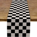 Classic black and white checkered table runner on a light wooden dining table surface - Style 19 / 183x33