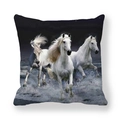 Detailed view of square pillowcase featuring three white horses running through water - Multiple White Horses In Water (2)
