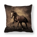 Detailed close-up of running brown horse print on thick peach skin fabric cushion cover - Artistic Brown Horse In Dust (6)