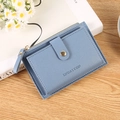Light blue minimalist faux leather wallet with snap button and side zipper detail - Blue