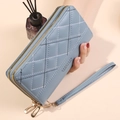 Cartera larga acolchada gris azul con cremallera doble y correa de muñeca desmontable - Azul