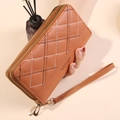 Brown quilted double zipper wallet with wrist strap and elegant diamond stitching - Brown