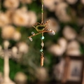 Handcrafted copper wire bird ornament with natural turquoise stone and beads - Green Bird Suncatcher