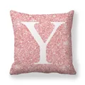 Housse de coussin rose pailletée en peau de pêche avec lettre Y blanche imprimée - 45x45 cm / Lettre Y