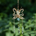 Handmade golden butterfly suncatcher with natural stones and iridescent crystal prism balls - Goddess Morpho Suncatcher